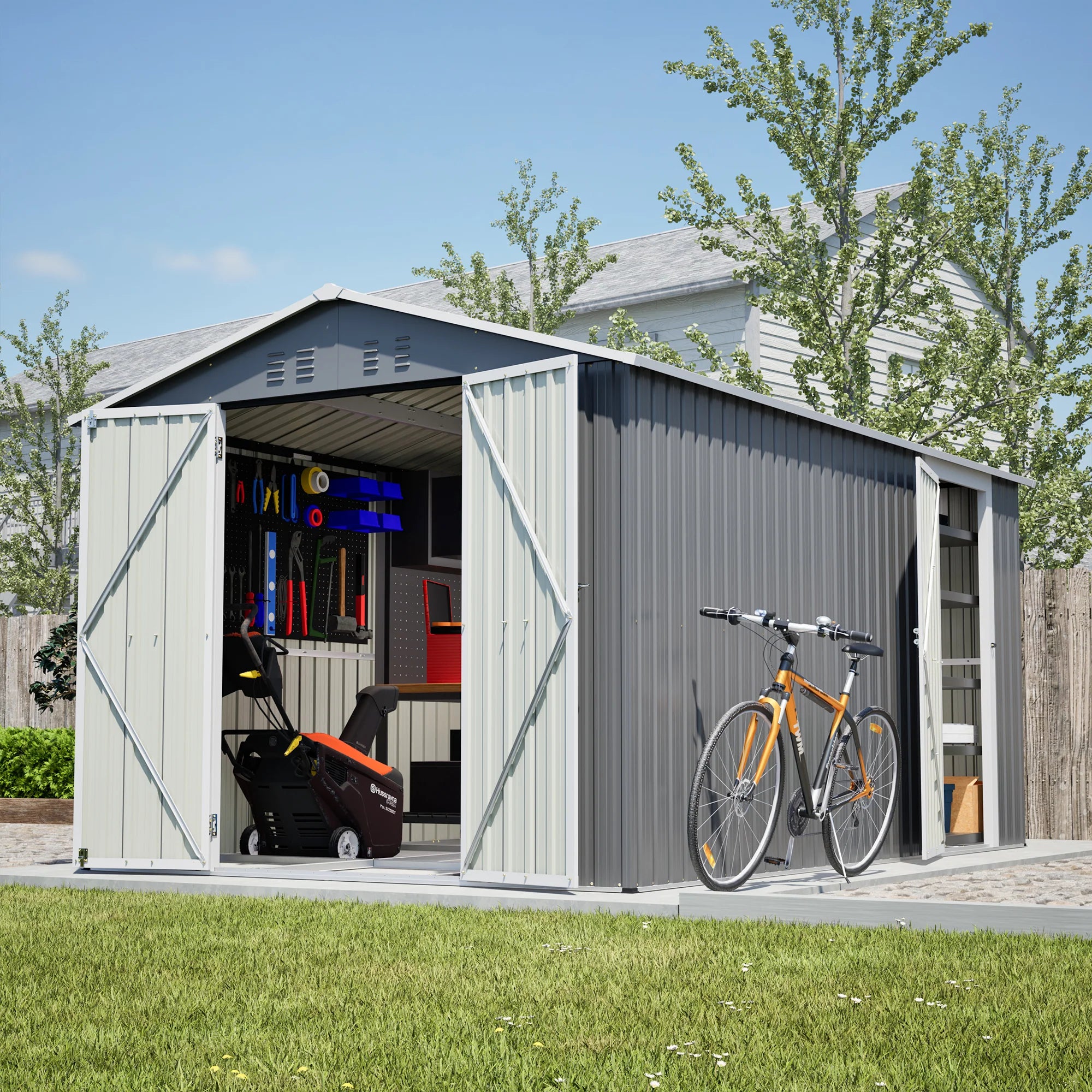 AECOJOY 8x12 FT Outdoor Metal Storage Shed with Additional Side Door, Large Tool Shed with 2 Lockable Doors