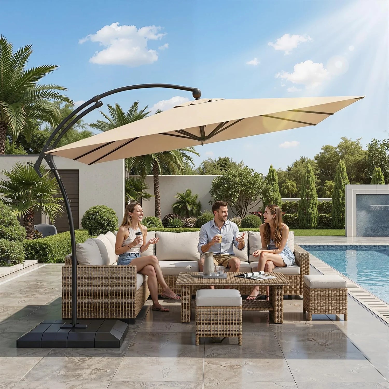 AECOJOY 10x10 FT Cantilever Patio Umbrella with Base, Aluminum Offset Umbrella with 360° Rotation