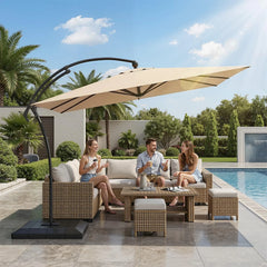 AECOJOY 10x10 FT Cantilever Patio Umbrella with Base, Aluminum Offset Umbrella with 360° Rotation