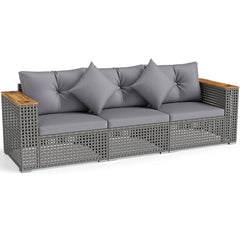 86.5" 3-Seat Patio Wicker Sofa, 3PCS Modular PE Rattan Sectional Furniture Set with Cup Holders & Wood Armrests, Outdoor Couch for Garden Yard