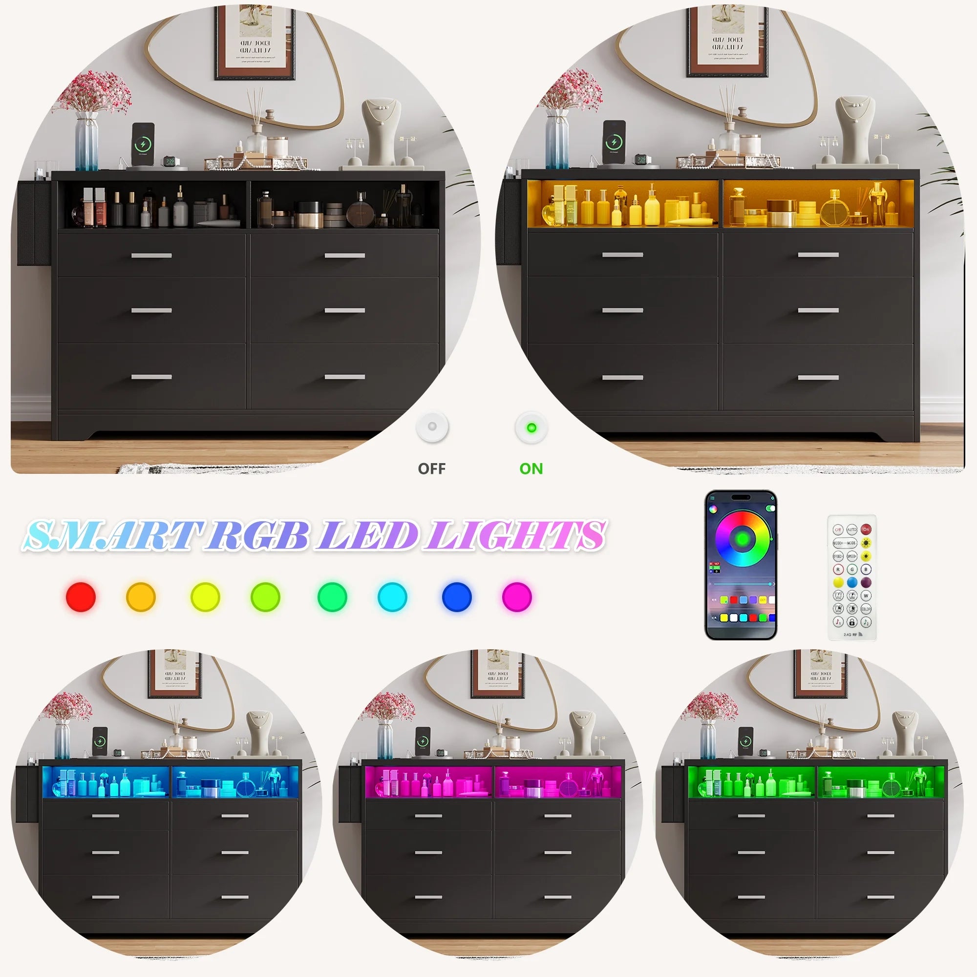 White Dresser for Bedroom, 6 Drawers Dresserwith LED Lights and Charging Station, 47" Wide Bedroom Dresser Chest of Drawers Storage Organizer TV Stand for up to 55" TV for Living Room