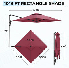 AECOJOY 10ft Cantilever Patio Umbrella, Large Rectangle Umbrella 180° Rotation Offset, Red