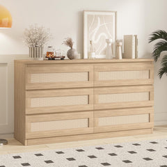 Garvee Rattan Dresser for Bedroom 6 Drawer, Double Dresser with Anti - Tip Kit, Wood Storage Wide Chest of Drawers for Bedroom, Living Room, Hallway, Oak Color