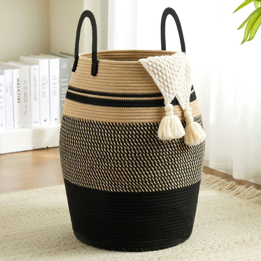 65L Cotton Rope Laundry Hamper by Fiona's Magic, Large Woven Tall Laundry Basket for Storage Clothes and Toy in Bedroom, Living Room Organizing,