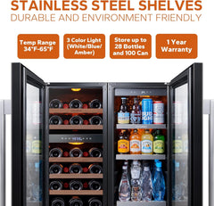 Ca'Lefort 30" Wine and Beverage Refrigerator, 28 Bottles Dual Zone Wine Fridge and 100 Cans Beverage Fridge Cooler with Stainless Steel Door Framed