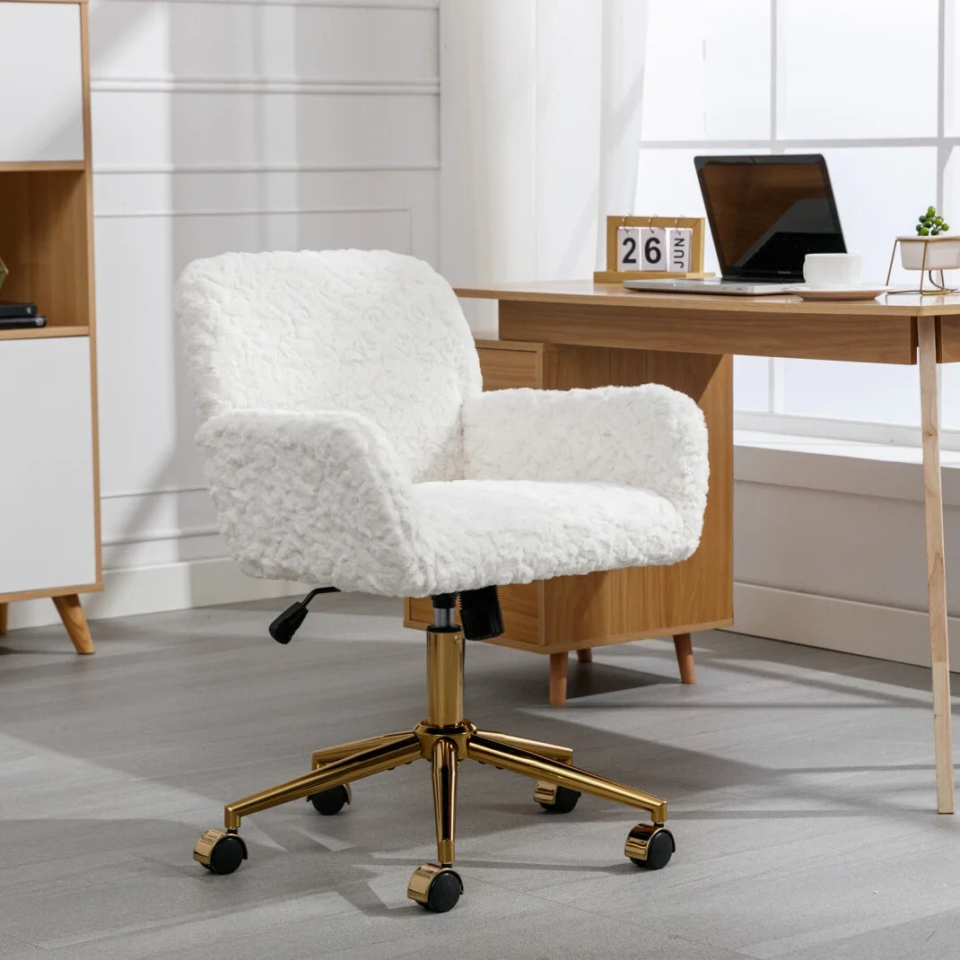 Furniture Office Chair, Artificial Rabbit Hair Makeup Vanity Chair Chair, 360 Comfy Swivel Armchair with Wheels, Modern Height Adjustable Cute Vanity Chair for Living Room Small Spaces Pink