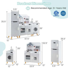 3-Piece Modular Kids Kitchen Playset, Wooden Little Chef Pretend Play Kitchen Set with Refrigerator, Washing Machine, Range Hood & Stove for Toddlers