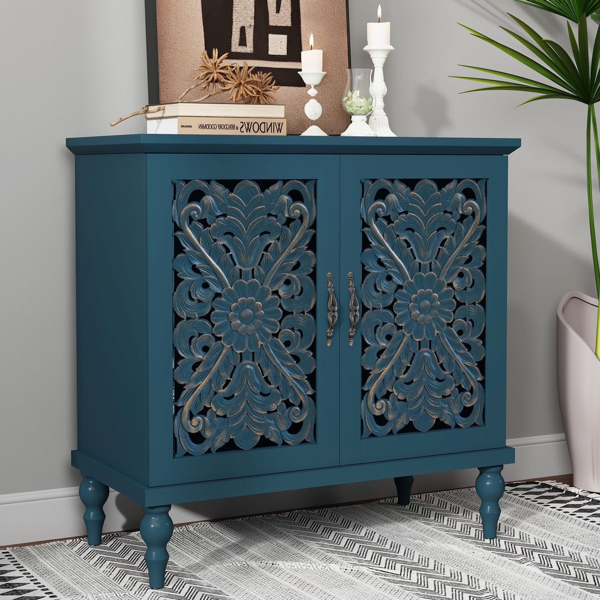 HLR 48" Accent Cabinet with 4 Doors, Vintage Hollow Carving Storage Credenza, Sideboards and Buffets Cabinet for Living Room, Kitchen, Dining Room, Entryway