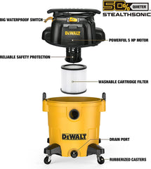 DEWALT 12 Gallon STEALTHSONIC Ultra Quiet Poly Wet Dry Vacuum, DXV12P - QTA Newest Noise Reduction Vac, 5.5 Peak HP Shop Vacuum for Jobsite/Workshop, Reduce Motor Noise, Yellow