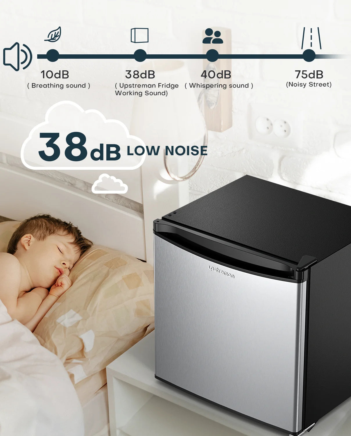 Upstreman 1.7 cu ft Mini Fridge with Freezer Single Door Compact Refrigerator, Low Noise, Energy Saving, Adjustable Temperature, Reversible Door, for Home Office Dorm, Black FR17