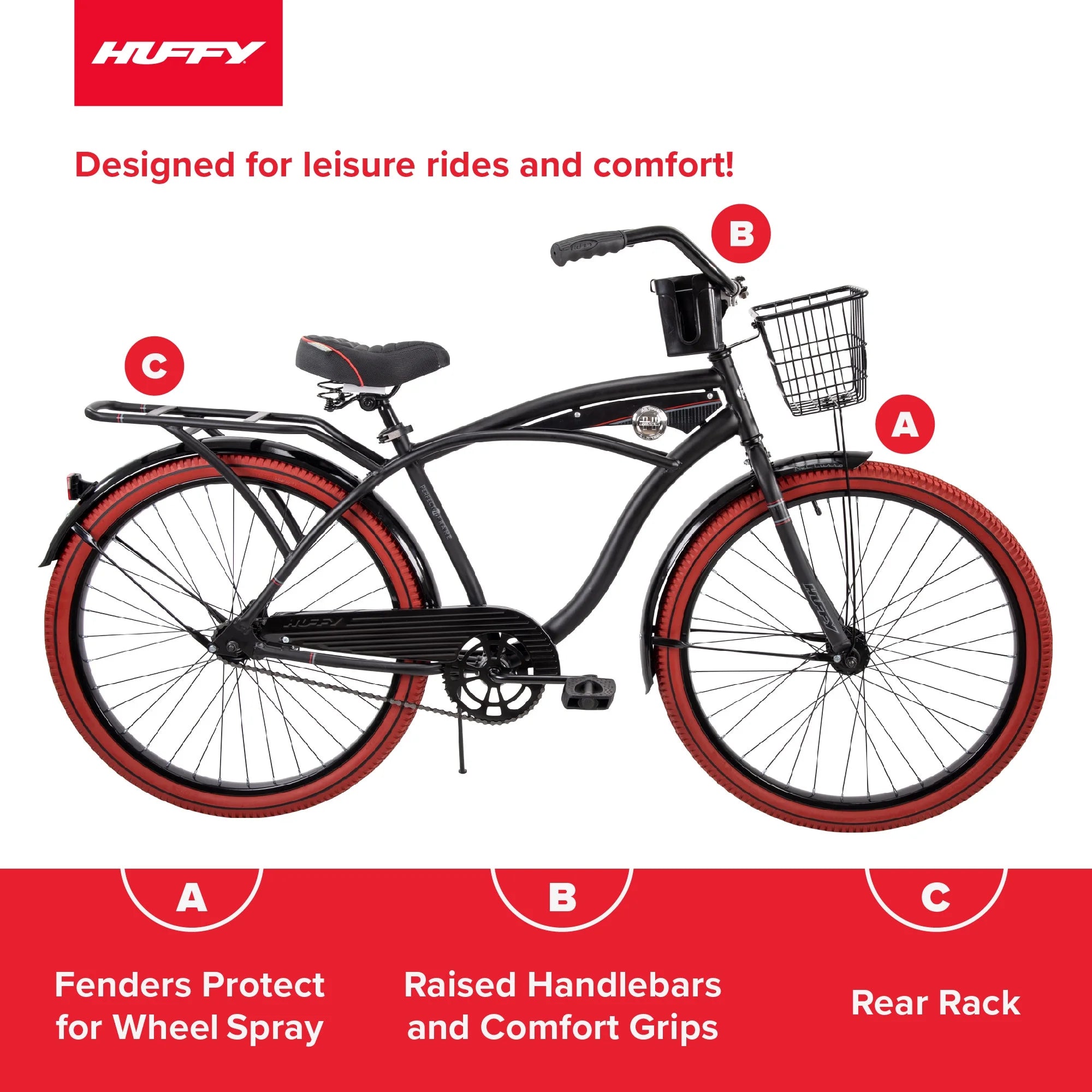 Huffy 26" Nel Lusso Cruiser Bike, Fits Riders 5'0"+, Matte Black, Adult, Men'S