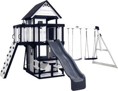 Backyard Discovery Canyon Creek Cedar Wood Swing Set with Wave Slide. Clubhouse. Play Kitchen. Picnic Area. Belt Swings. Web Swing. Rock Wall. Balconies. Playhouse. Step Ladder. Outdoor Playset