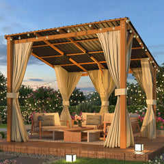 AECOJOY 10x10 Outdoor Wooden Pergola Gazebo with Curtains and Netting for Patio