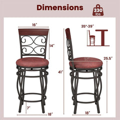 26" Vintage Swivel Bar Stools Set of 2, Counter Height Metal Barstools with Back & Upholstered PU Leather Padded Seat for Pub, Kitchen Island