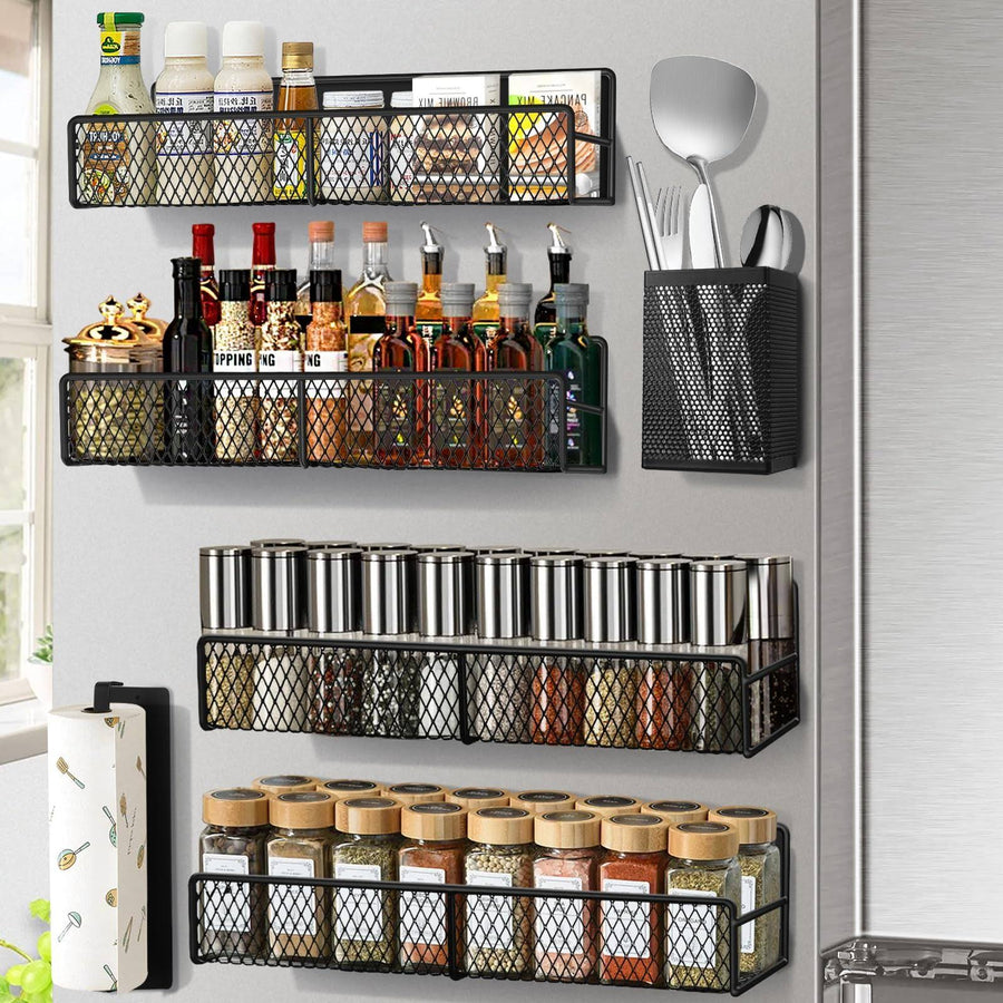 DTUQYX Magnetic Spice Rack, Refrigerator Organizer, 6 Pack Metal Black Magnetic Shelf with Paper Towel Holder, Utensils Holder, Strong Magnets,