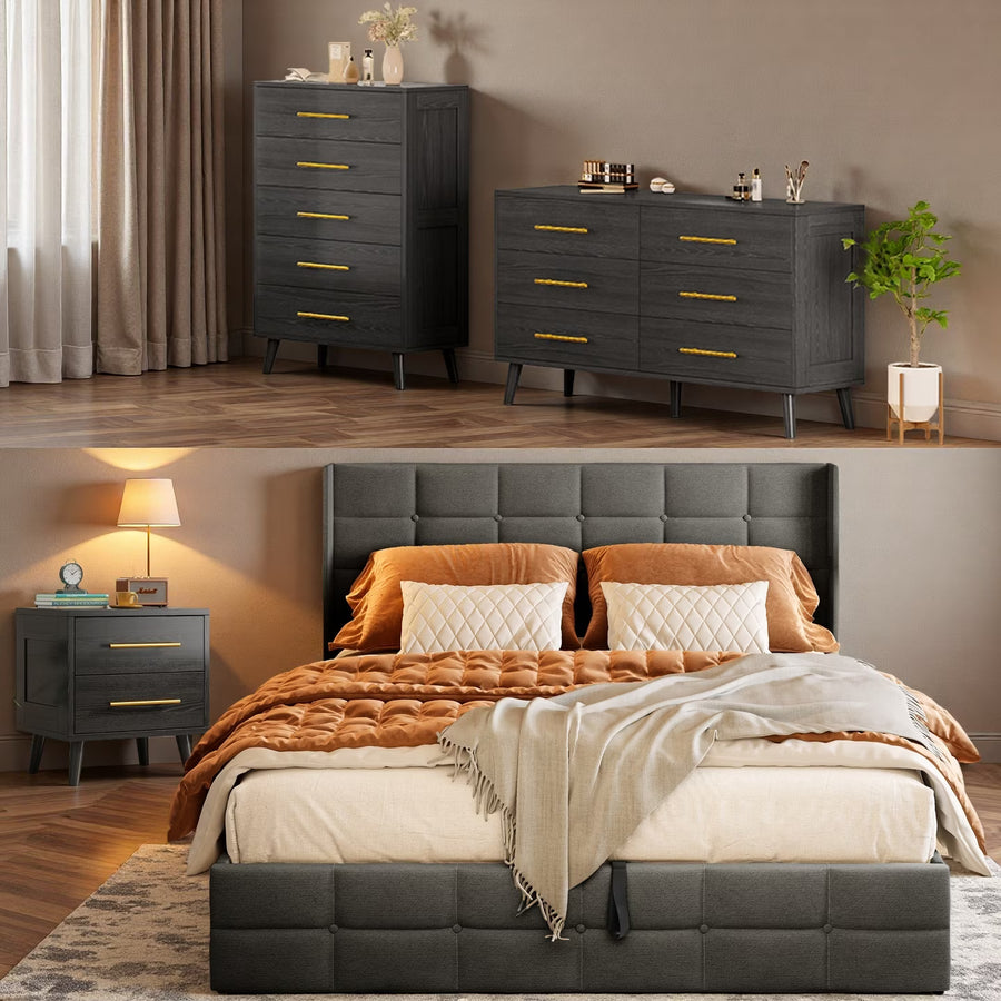 Bedroom Set - Includes Full Size Bed Frame (Dark Gray), Nightstands, 5 - Drawer Dresser & Double Wide 6 - Drawer Dresser - Modern Storage Solution for Stylish Home Decor, Black