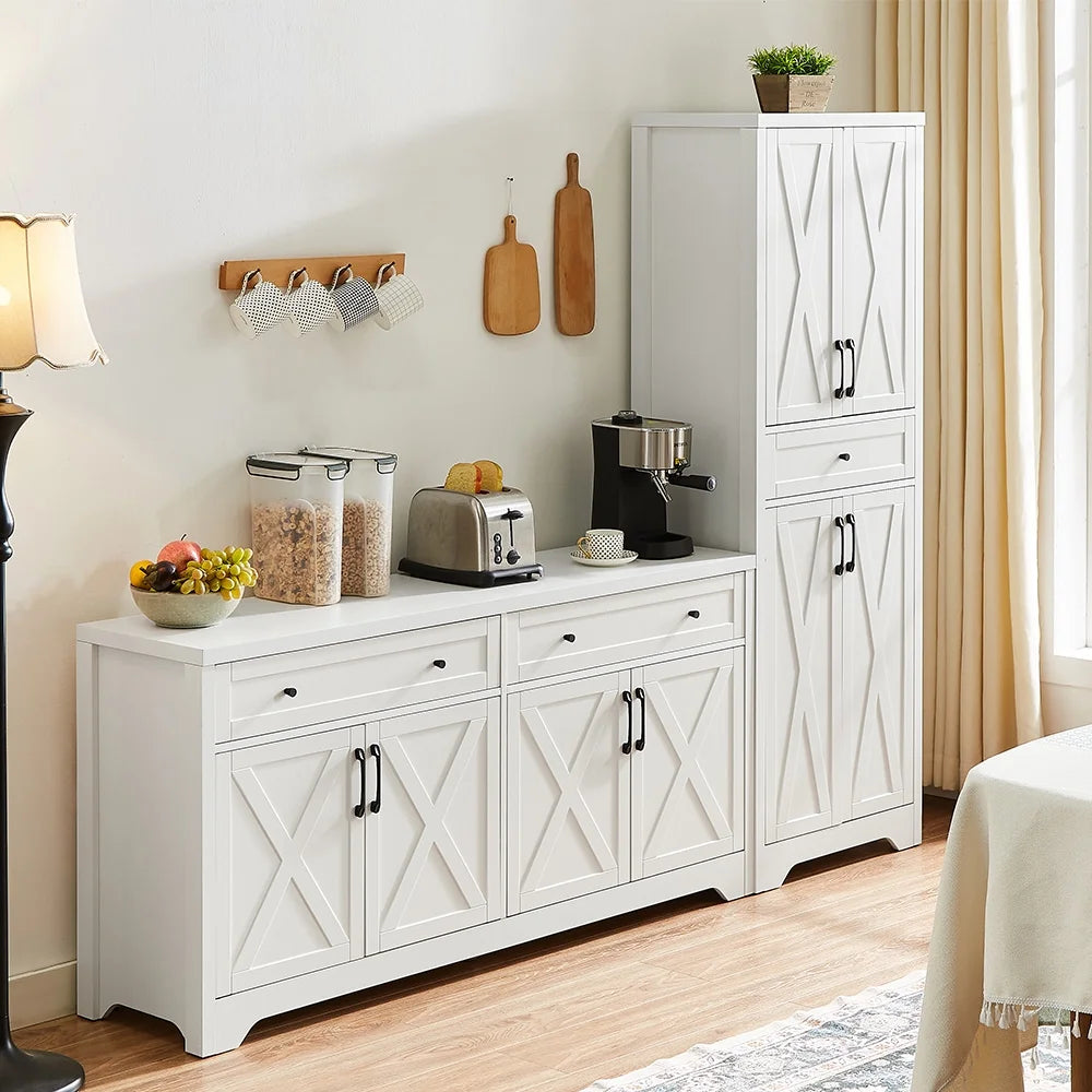 Trumanpick 61"h Large Buffet Sideboard Cabinet, TV Cabinet, Kitchen Pantry for Dining Room, Living Room, 61.3''L x 15''W x 29.8''H, White/Walnut