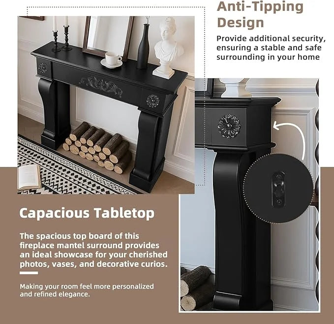 EPICOZY 44.5" Fireplace Mantel, Freestanding Fireplace Surround with Leg for Electric Fireplaces, MDF Mantel Surround with Shelf for Living Room with Decorative Pattern, Anti - Tipping & Waterproof