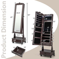 Standing Jewelry Armoire with Full-Length Mirror, Drawers, Lights & Wheels, Lockable Mirror Jewelry Cabinet Storage Organizer
