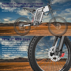 6000W(Peak) Motor 60V/35ah Battery, Freego X2pro Electric Motorcycle for Adults, Electric Bike 50MPH/7 Speed Off Road Electric Bicycle, 19x2 Full Suspension/Four - Piston Hydraulic Brake UL2849MTB