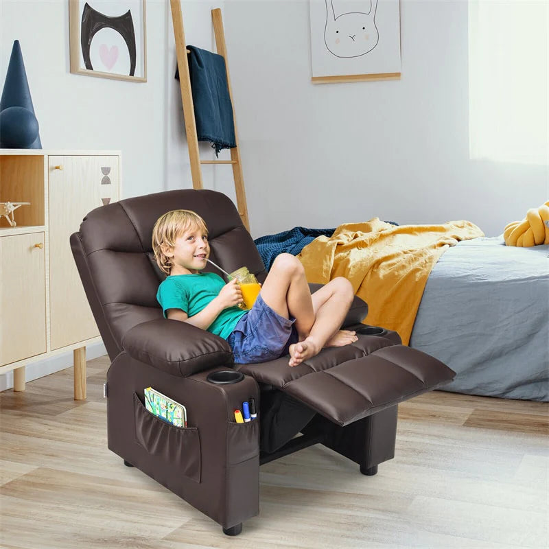 Kids Recliner Chair Adjustable Velvet Lounge Sofa with Cup Holders, 3 Pockets, Retractable Footrest, Toddler Furniture Sofa for Boys Girls Room