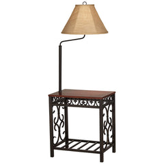 Regency Hill Travata Rustic Vintage Floor Lamp with End Table 54" Tall Bronze Scrollwork Swing Arm Burlap Fabric Empire Shade for Living Room Reading