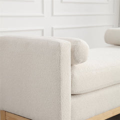 53.5"w Elegant Upholstered Bench with Wood Legs & Round Pillows, Comfy Boucle Fabric Footrest with Arms, Entryway Bench for End of Bed, Bedroom and Living Room, Ivory