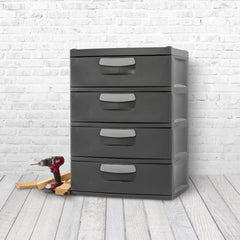 Sterilite 4 Drawer Unit, Durable Plastic Storage Solution for Garages and Basements, Dark Gray