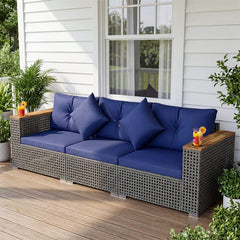 86.5" 3-Seat Patio Wicker Sofa, 3PCS Modular PE Rattan Sectional Furniture Set with Cup Holders & Wood Armrests, Outdoor Couch for Garden Yard
