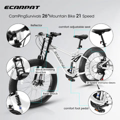 26 in Mountain Bike for Men, 26*4" Fat Tire Mountain Bicycles, Full - Suspension 21 - Speed Drivetrain with Disc Brakes