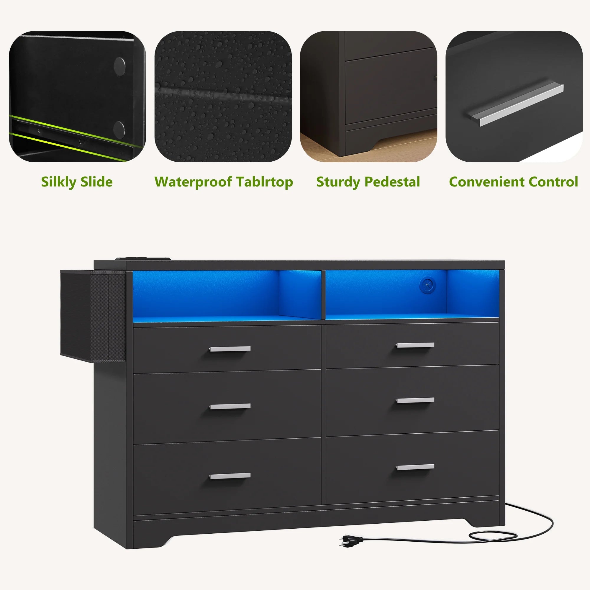 White Dresser for Bedroom, 6 Drawers Dresserwith LED Lights and Charging Station, 47" Wide Bedroom Dresser Chest of Drawers Storage Organizer TV Stand for up to 55" TV for Living Room