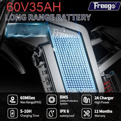 Freego X2pro 6000W(Peak)Motor 60V 30ah Battery Electric Motorcycle for Adults, Electric Dirt Bike Teens, 50MPH Off Road Electric Bicycle, 19x2 Full Suspension/Four - Piston Hydraulic Brake UL2849