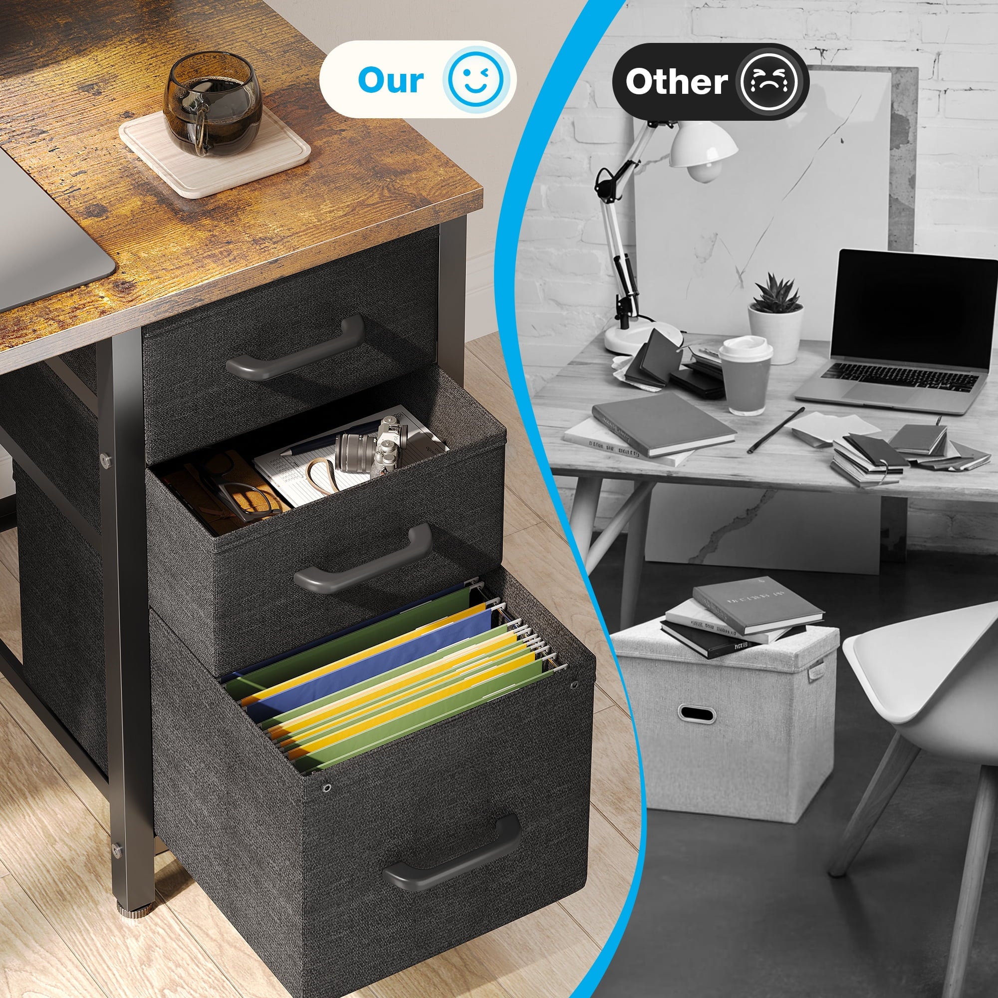 40 in Computer Desk with Power Outlets & LED Lights, Home Office Desk with 3 Drawers & Adjustable Monitor Shelf, , Writing Desk with Storage Bag, Vintage
