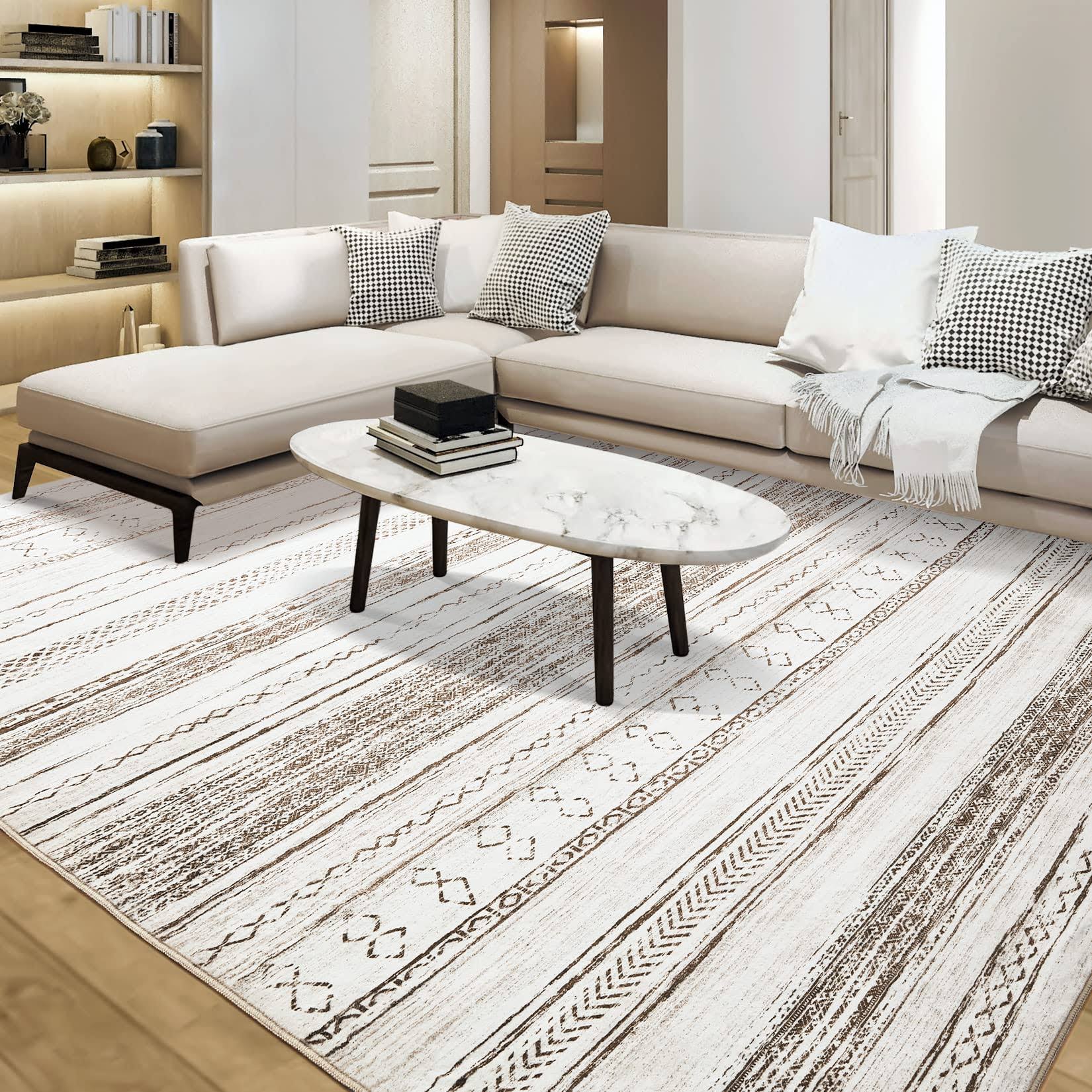 Tortania Area Rug Living Room Rugs - 8x10 Washable Large Soft Neutral Boho Moroccan Bohemian Farmhouse Rug Indoor Floor Carpet for Bedroom Under Dining Table