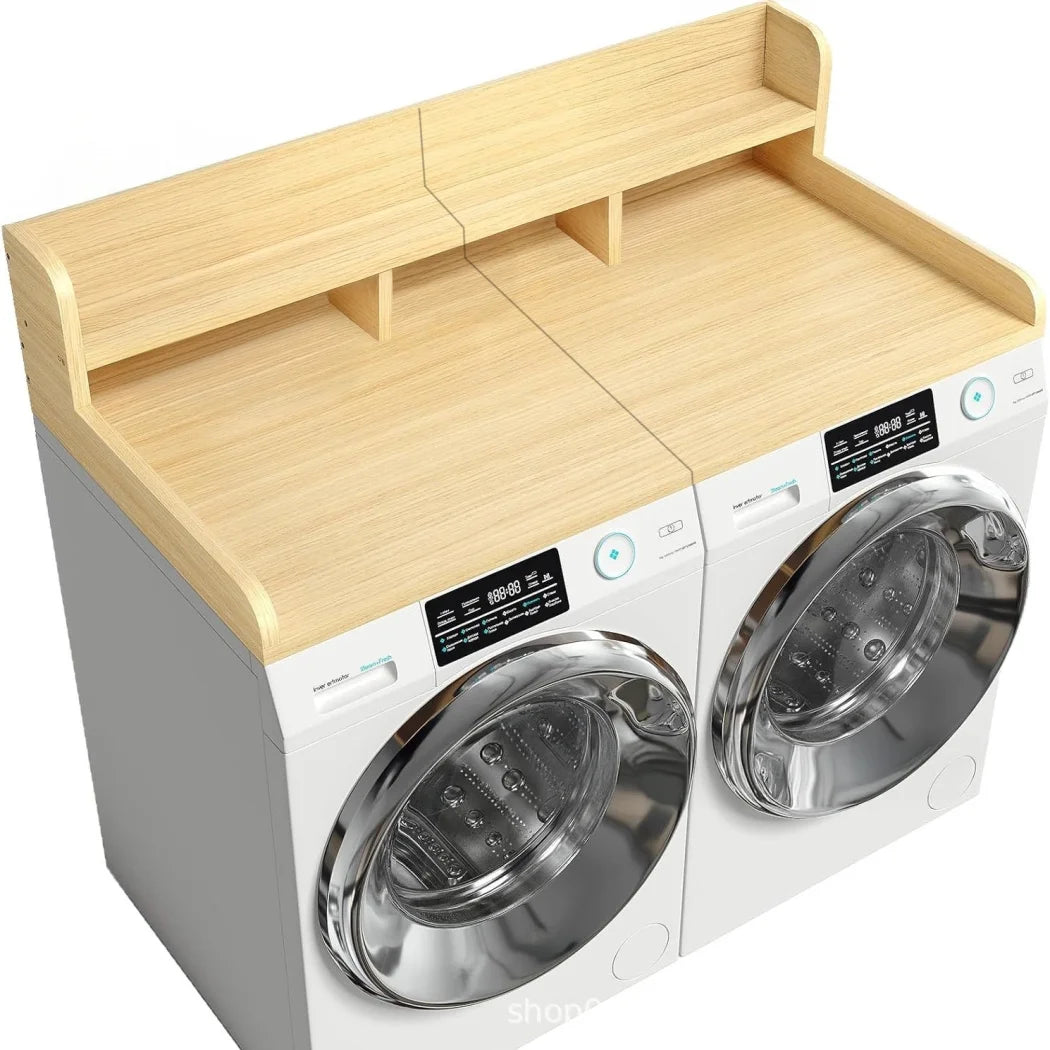 Wood 2 - Tier Washer Dryer Countertop with Edge Rails, 54" W x 27.5" D Washer and Dryer Topper for Laundry Room Organization and Storage, Walnut