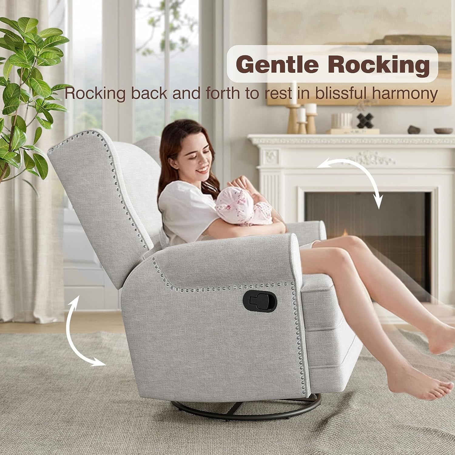 Royalcraft Swivel Nursery Glider Recliner, Comfy Upholstered Glider Chair with Lumbar Pillow and Footrest, Beige