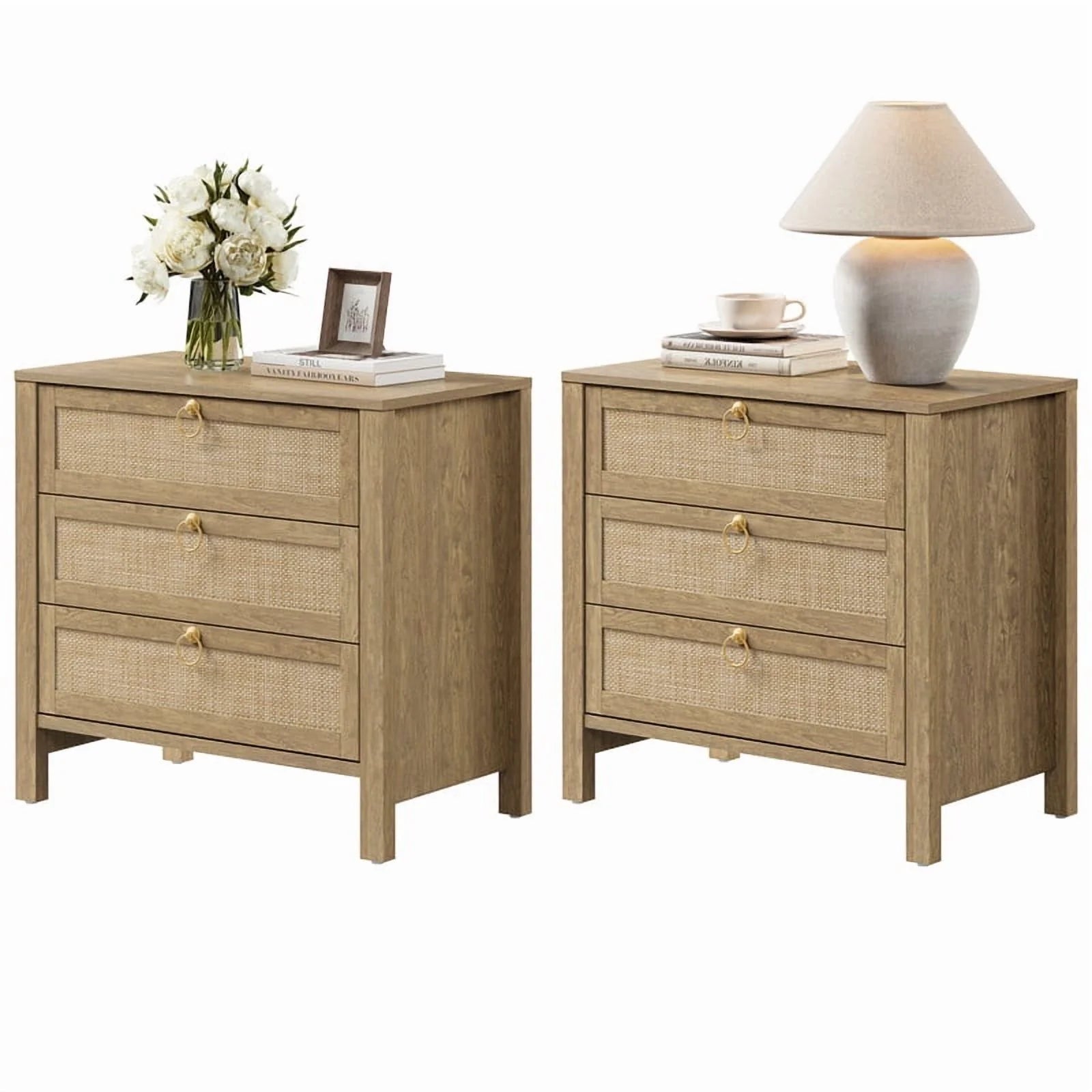 Surmoby Oak Boho 3 - Drawer Nightstand Set of 2 - Extra Wide Storage Night Stand with Gold Handles Large&Tall Bed Side Table for Bedroom Living Room Enterway