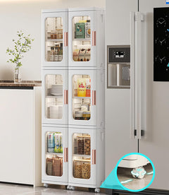 Slim Kitchen Pantry Storage Cabinet with Doors and Shelves, 3 - Tiers Plastic Narrow Storage Organizer Collapsible for Small Spaces, Bathroom, Living Room, Bedroom, White