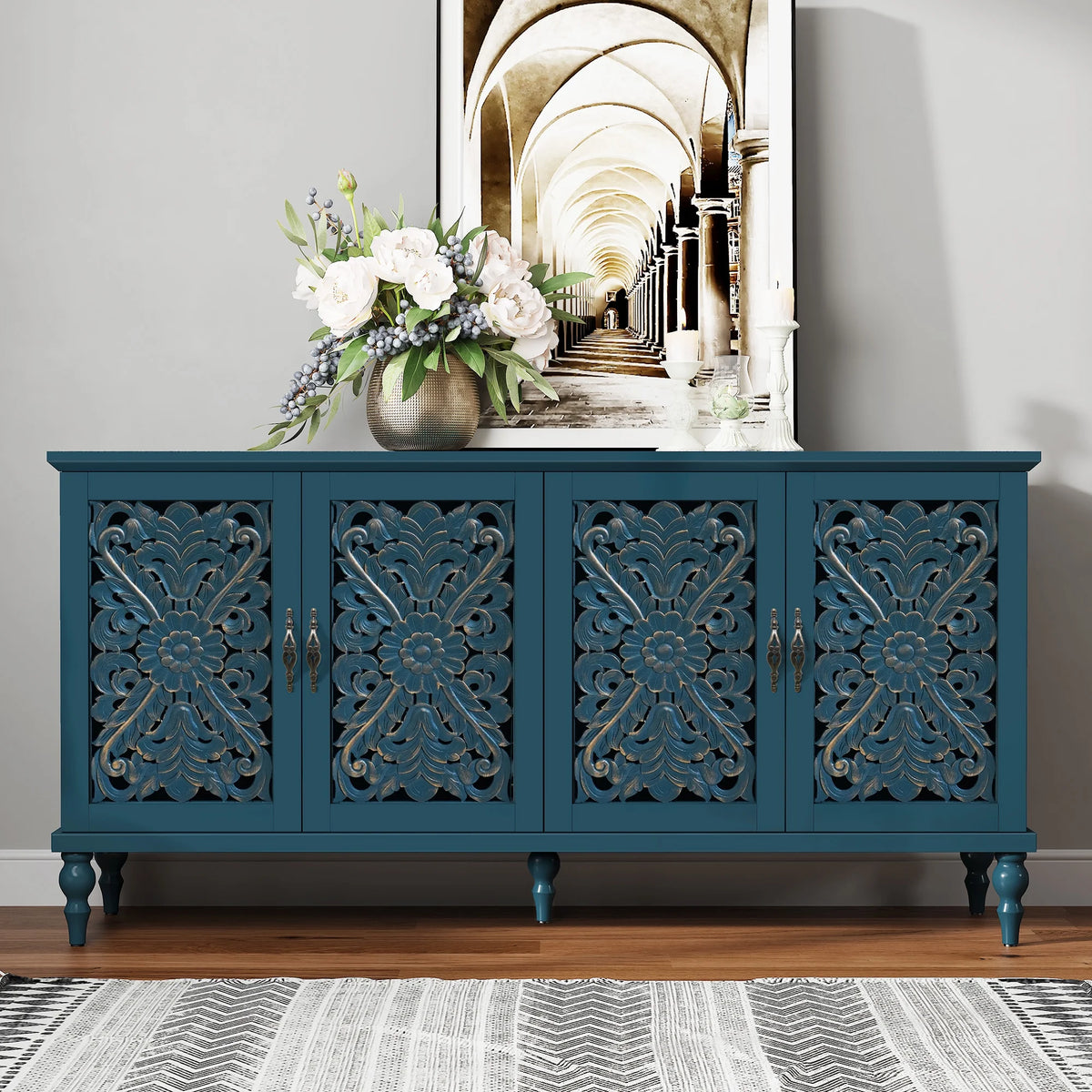 HLR 48" Accent Cabinet with 4 Doors, Vintage Hollow Carving Storage Credenza, Sideboards and Buffets Cabinet for Living Room, Kitchen, Dining Room, Entryway