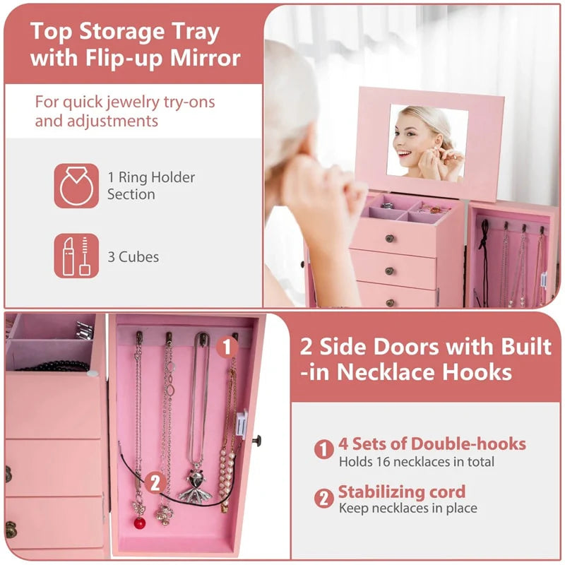 Standing Jewelry Armoire Cabinet with Flip Top Mirror, 4 Drawers, 8 Necklace Hooks & 2 Side Doors, Jewelry Storage Organizer Chest for Bedroom