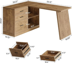 55 - Inch L Shaped Computer Desk with 3 Drawers, Corner Home Office Desk with Storage Shelves