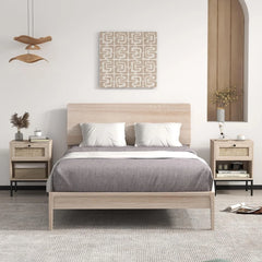 Boho Rattan End Table Nightstand Set of 2 with Drawer, Open Storage Shelf, Living Room, Bedroom, Oak