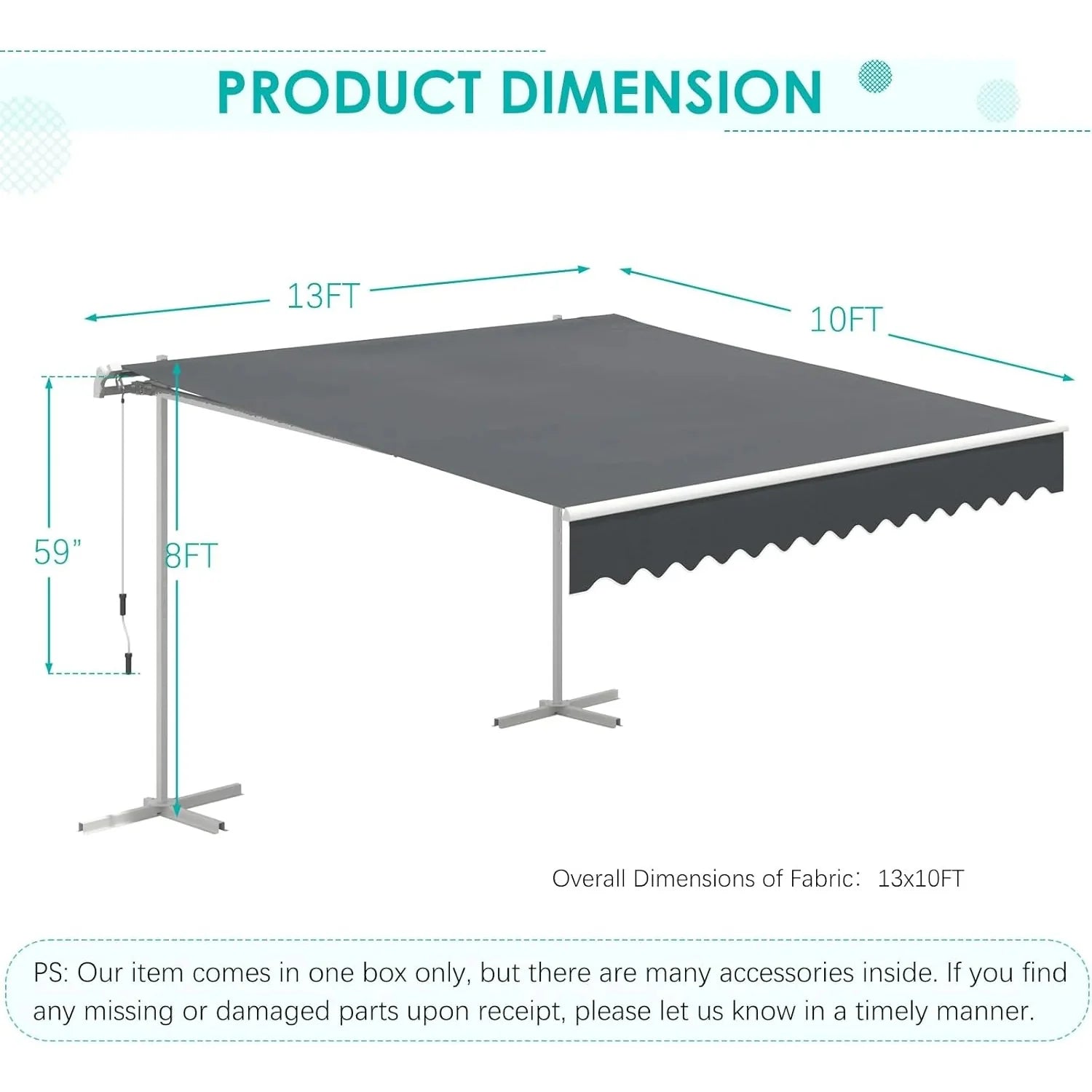 AECOJOY Free Standing Retractable Awning, 13'x10' Patio Awnings Outdoor Manual Sun Shade Shelter, Dark Grey