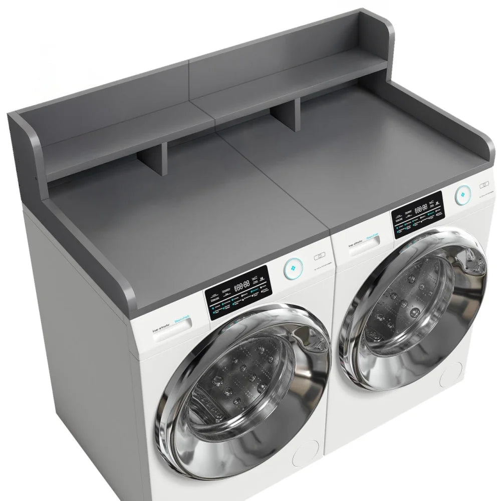 Wood 2 - Tier Washer Dryer Countertop with Edge Rails, 54" W x 27.5" D Washer and Dryer Topper for Laundry Room Organization and Storage, Walnut