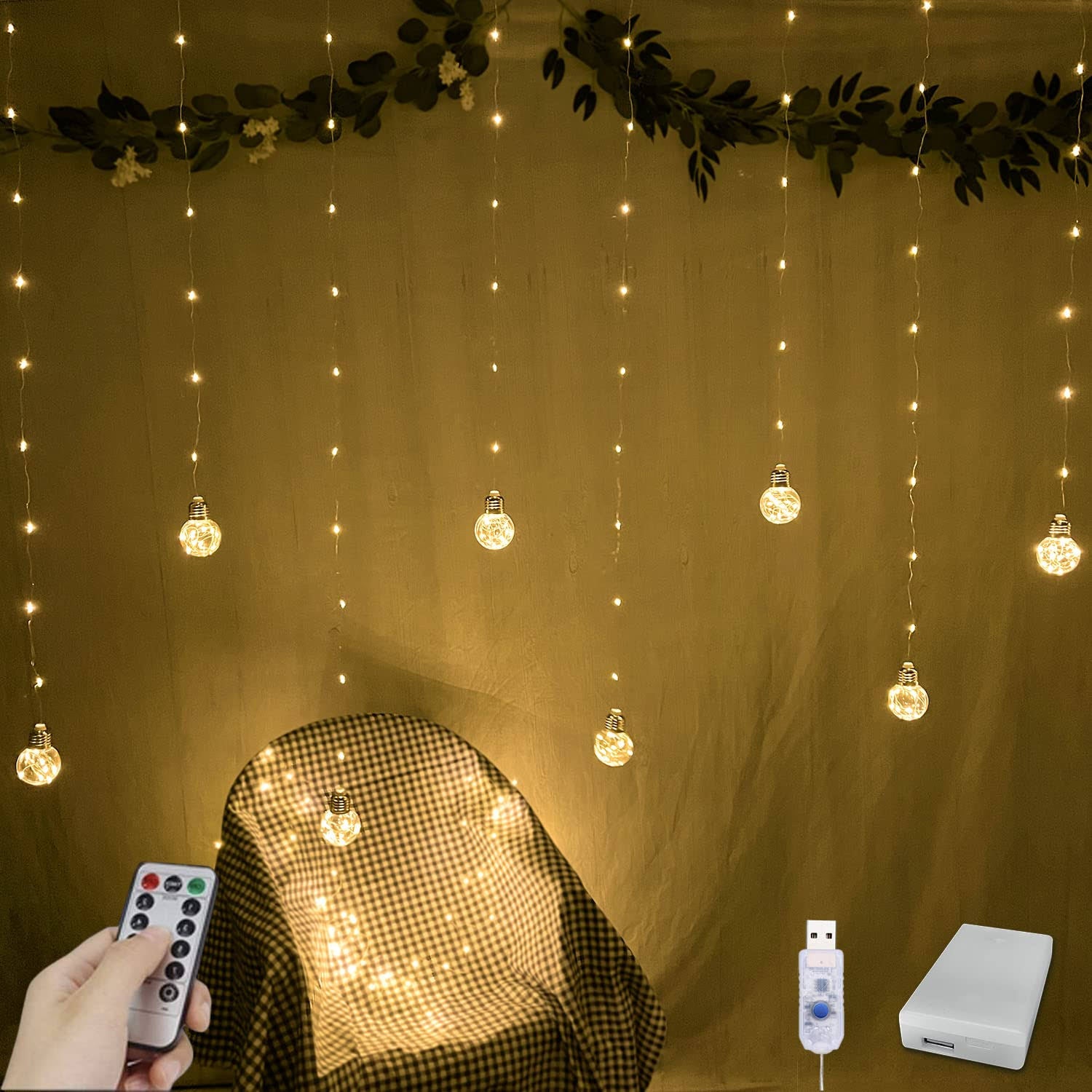 YOLIGHT Wishing Ball Curtain Lights 200 LED Window Curtain String Lights with Remote, USB Battery Powered Twinkle Globe Fairy Lights for Wedding