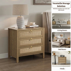 Surmoby Oak Boho 3 - Drawer Nightstand Set of 2 - Extra Wide Storage Night Stand with Gold Handles Large&Tall Bed Side Table for Bedroom Living Room Enterway