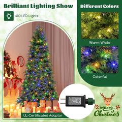 6/7.5 FT Pre-Lit Artificial Christmas Tree, PE/PVC Mixed Tips, Hinged Xmas Tree with Remote, 11 Color-Changing LED Modes, Timer & Metal Stand