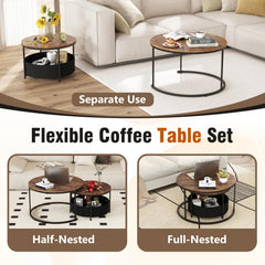 Tangkula Round Nesting Coffee Table Set of 2 with Fabric Storage Basket & Metal Frame
