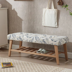 Dayalane Upholstered Storage Bench with Shoe Rack, Linen Fabric Entryway Bench for Living Room, Bedroom and Hallway, Multi Functional Ottoman with Solid Wood Shelf, Beige
