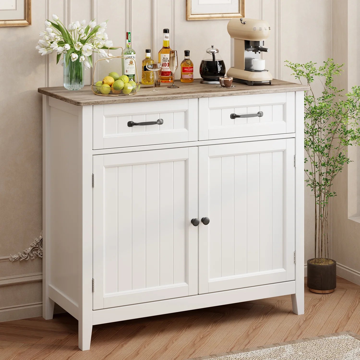 Coffee Bar, Lofka 42" Kitchen Storage Cabinet, Sideboard Buffet Cabinet with 8 Shelves, 1 Drawer